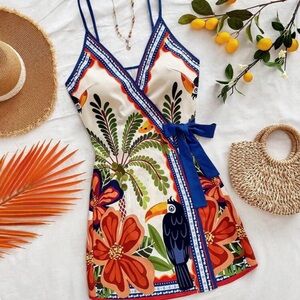 Tropical Print Wrap Dress with Toucan Size L